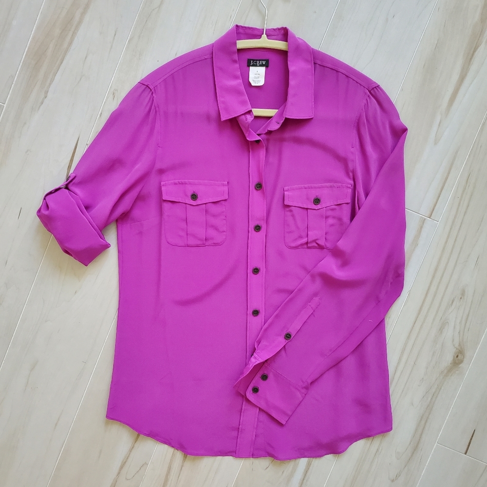 Magenta 100% silk size S front pocket J. Crew shirt